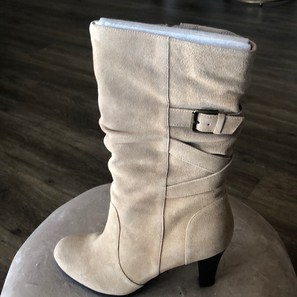 KELLY AND KATIE VIDA-KK TAN UPPER LEATHER CALF HIGH HEELED BOOTS